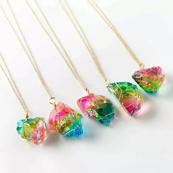 NEW! Wrapped Wire Raw Rainbow Quartz Crystal Pendant Necklace - Picture 1 of 7